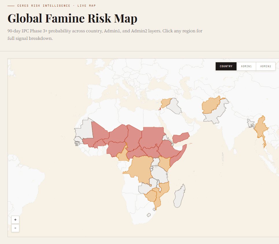 CERES Global Famine Risk Map: 90-day IPC Phase 3+ probability across country, Admin1 and Admin2 layers