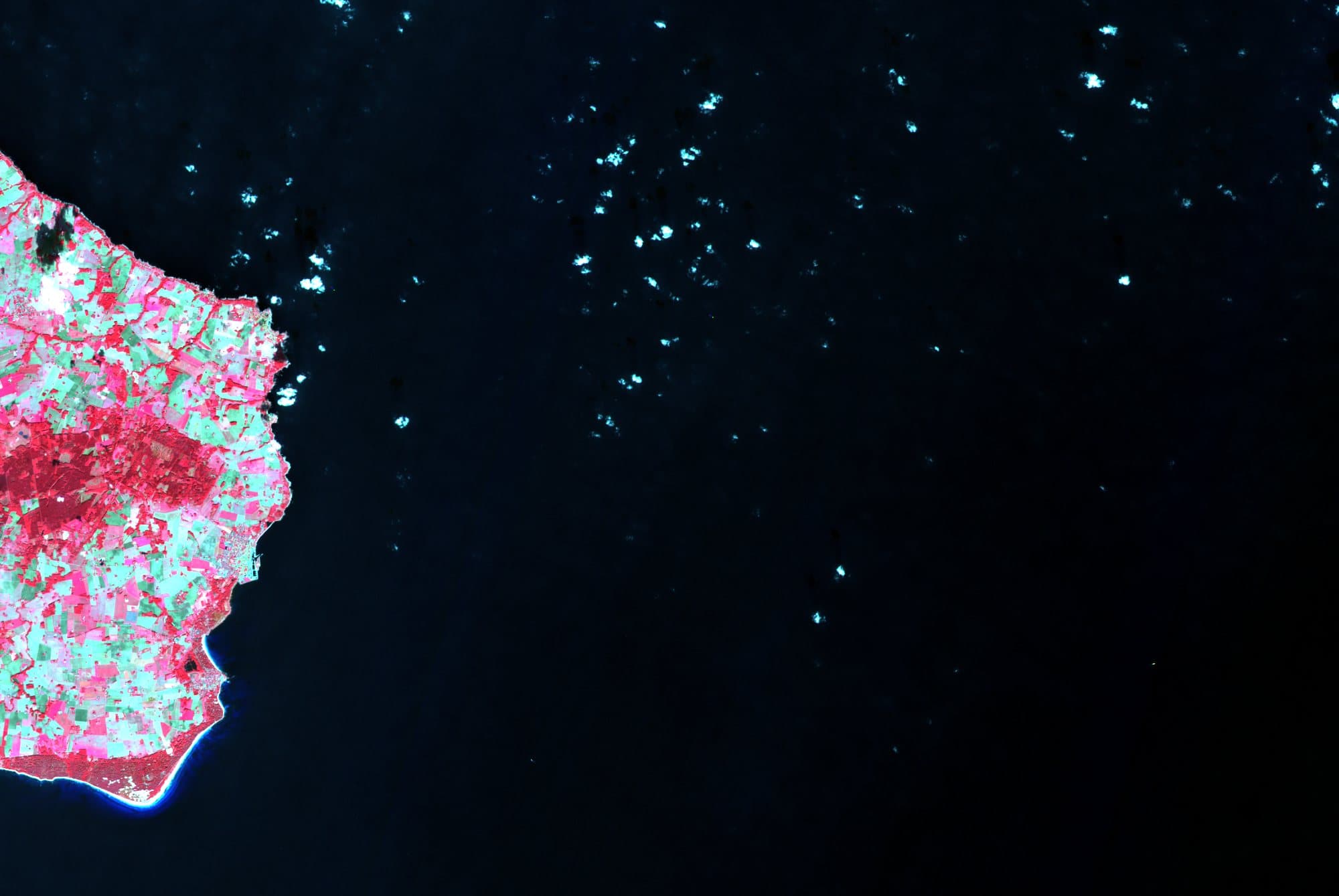 Sentinel-2 near-infrared false-colour composite of a North Sea coastline